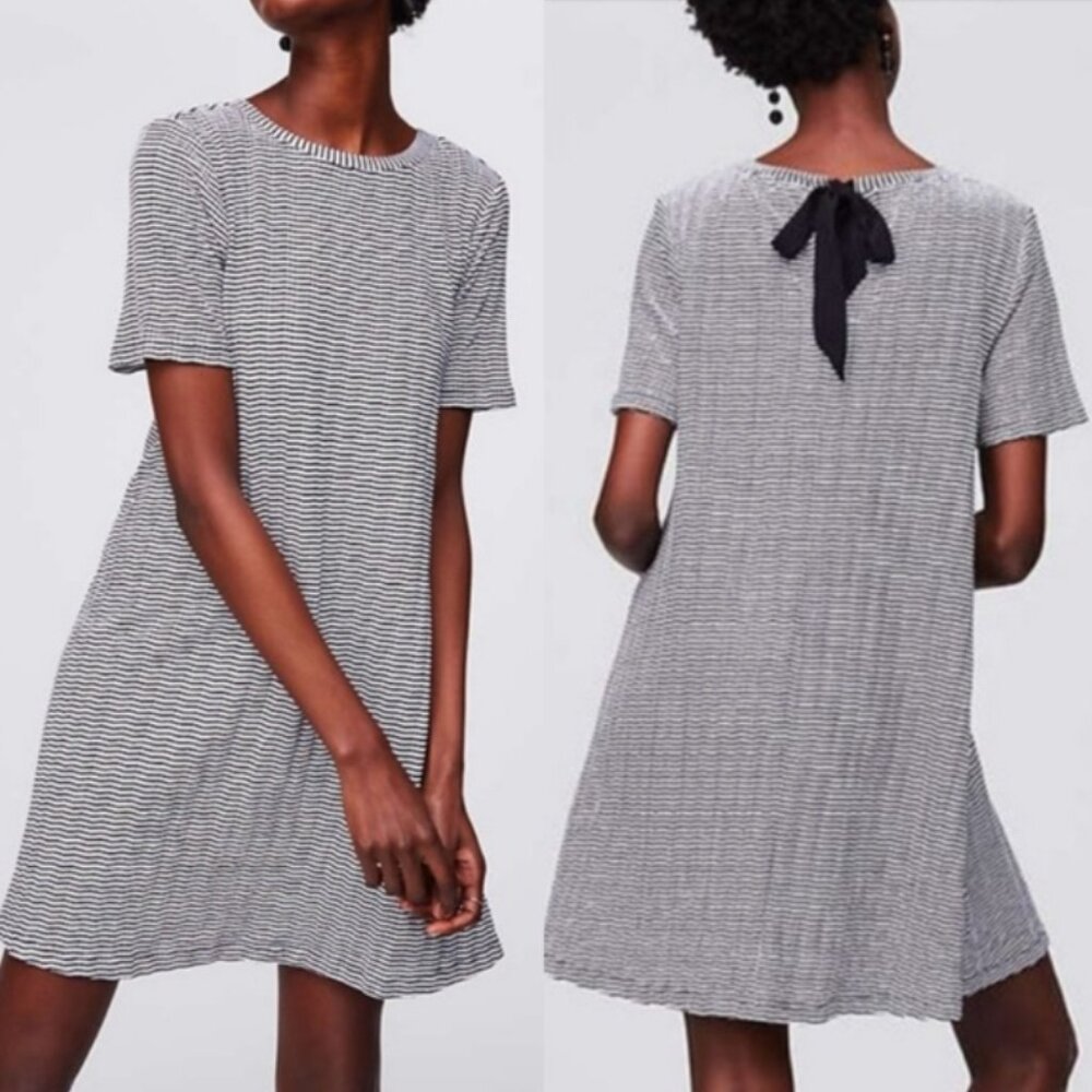LOFT Black & White Striped Tie Back Knit Swing Dress LP